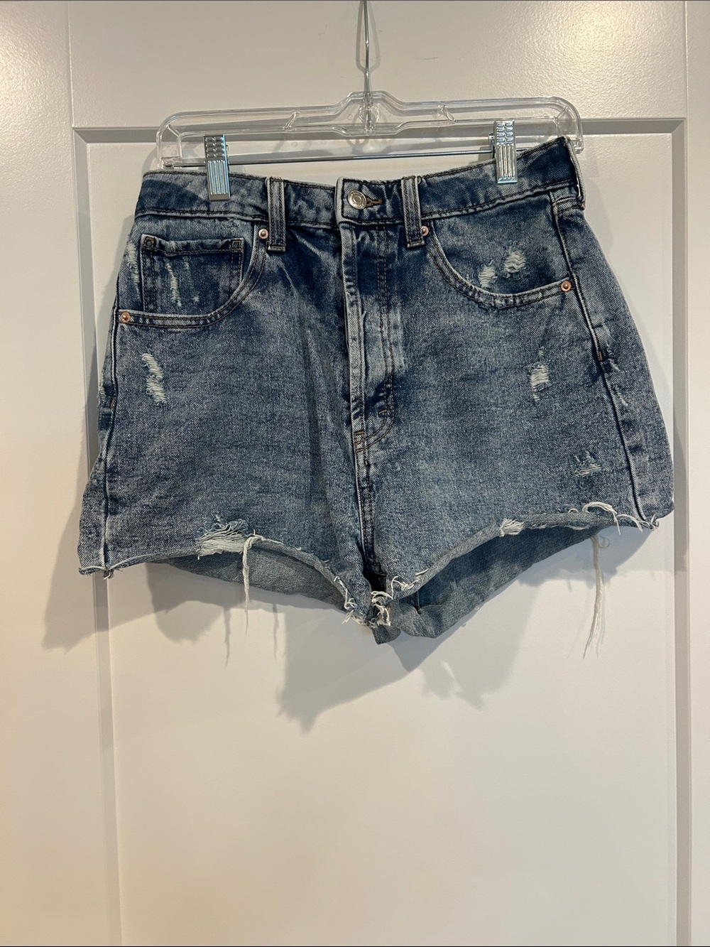High-Waist Distressed Denim Shorts - Blue